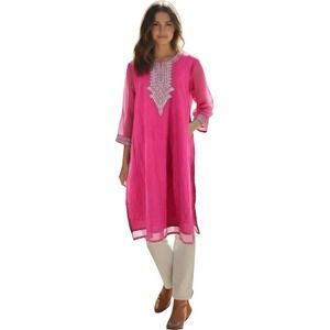 Pantaloons Pink Embroidered Kurta Tunic Dress Modal Blnd NWT Women L Boho Ethnic